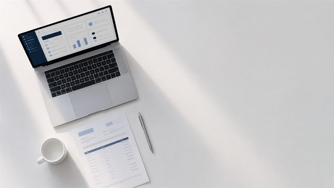 Overhead view of a laptop and printed billing statement on a white desk