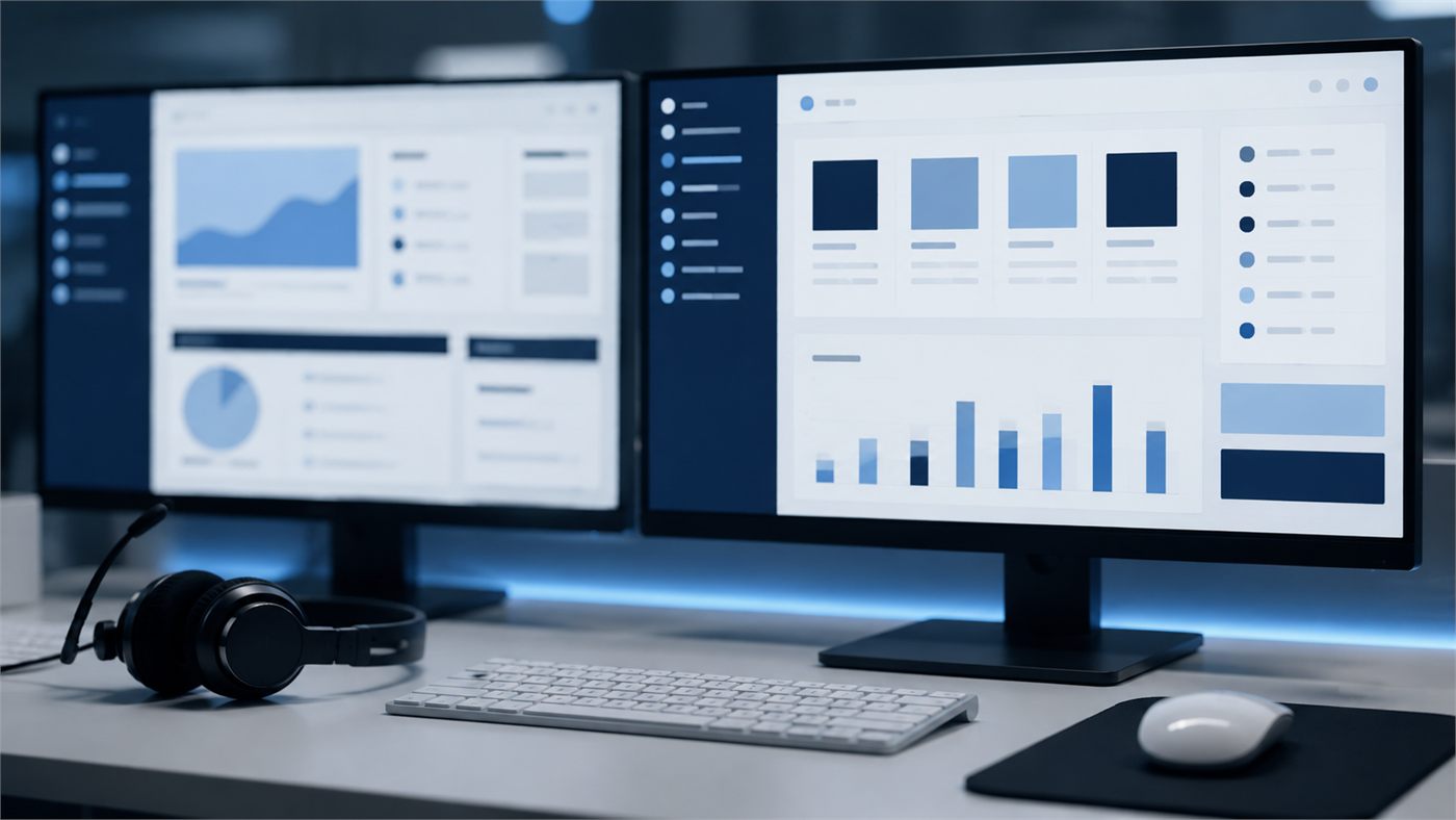 Dual-monitor support workstation showing CRM dashboards and a ticket queue