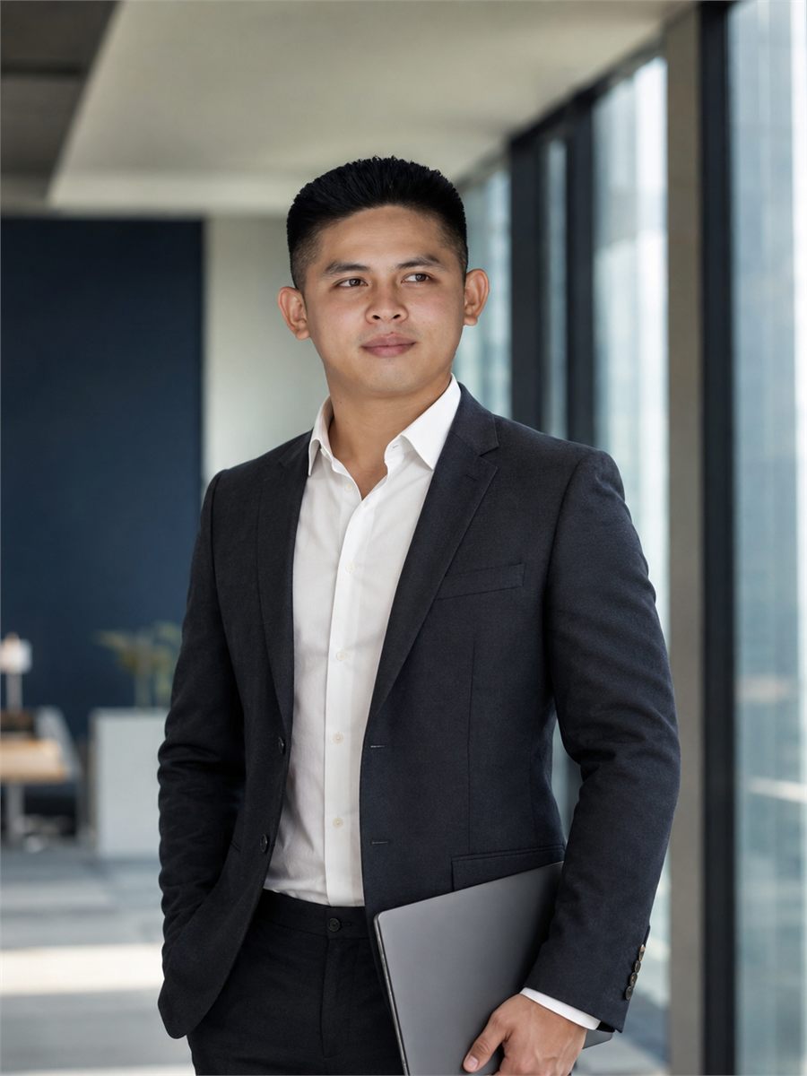 Diether Valeroso in a dark blazer at a modern office in Davao City