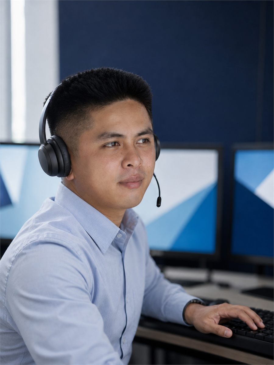Diether Valeroso wearing a headset while handling a customer call