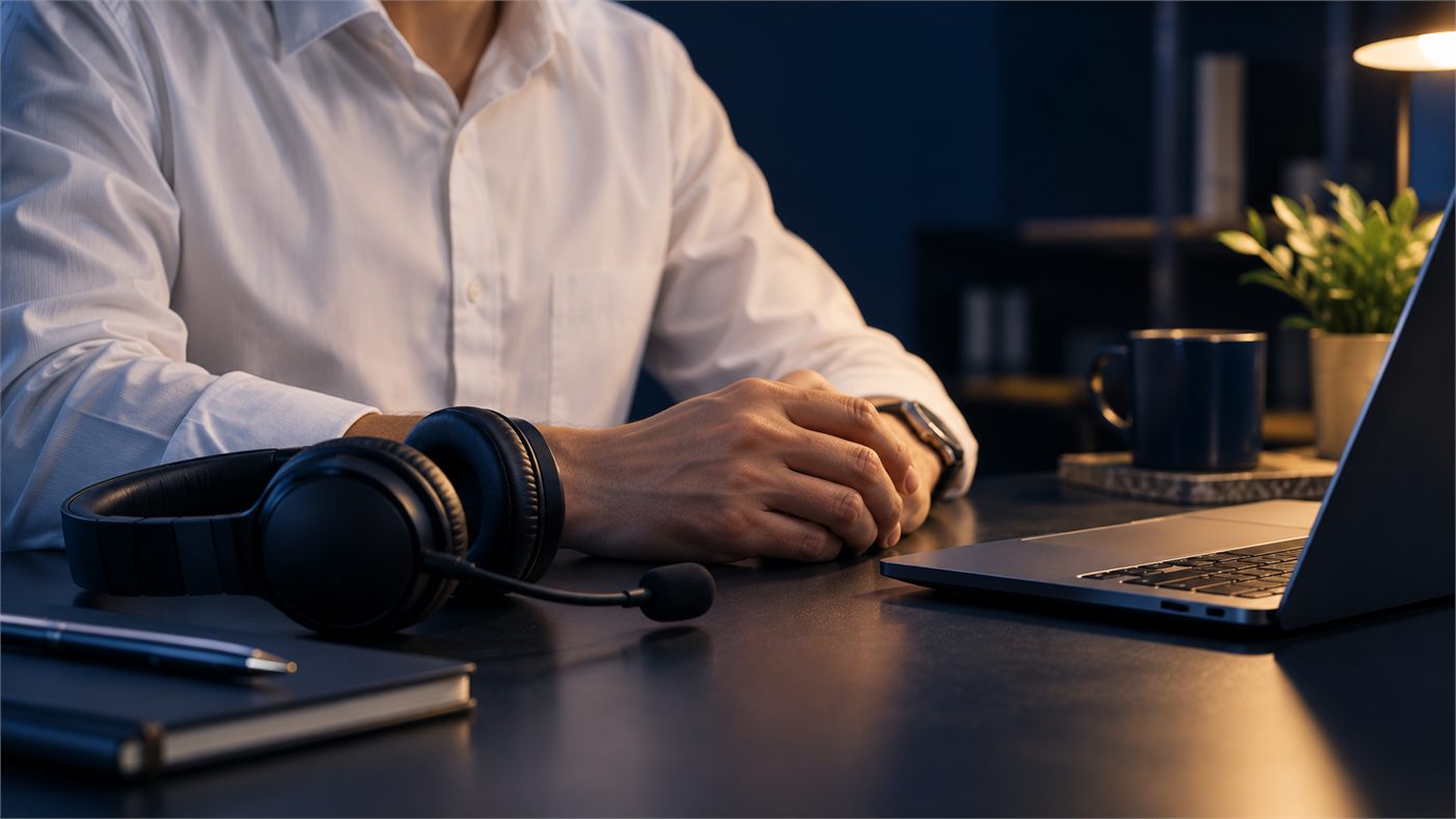 Support agent's hands resting calmly on a desk beside a headset in warm low light