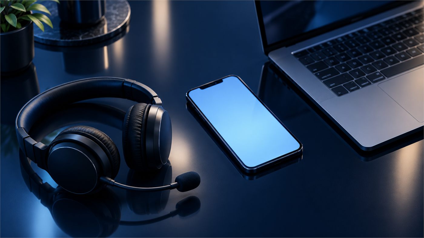 Headset, smartphone and laptop arranged on a dark reflective desk for phone, email and chat support