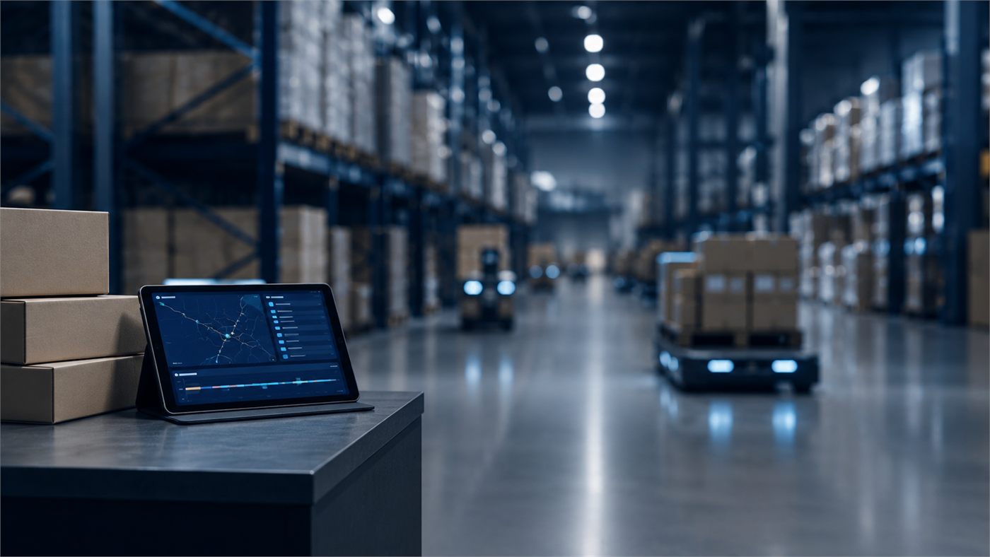 Tablet showing shipment routing beside parcels in a modern warehouse aisle