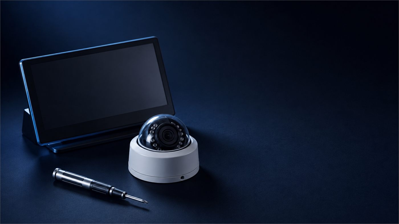 Display panel, dome CCTV camera and precision screwdriver on a dark navy surface